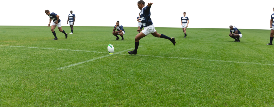 Diverse Male Rugby Players Kicking Ball on Grass Transparent Background - Download Free Stock Images Pikwizard.com