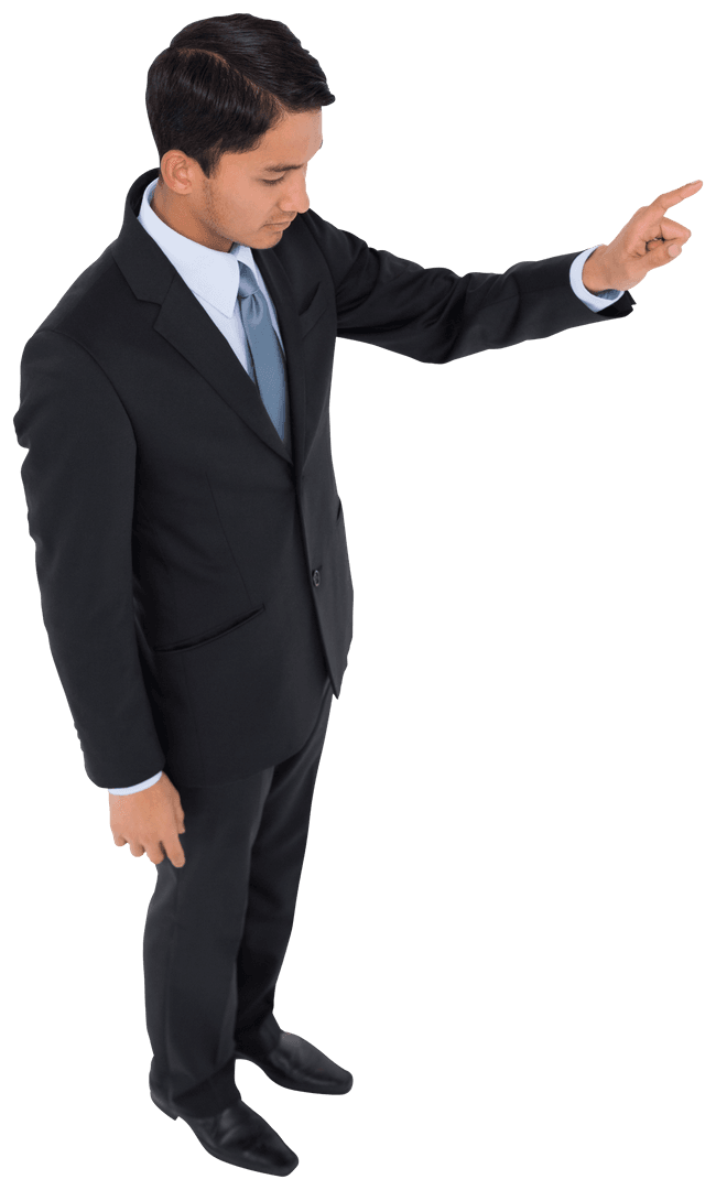 Focused Asian Businessman Pointing Up on Transparent Background