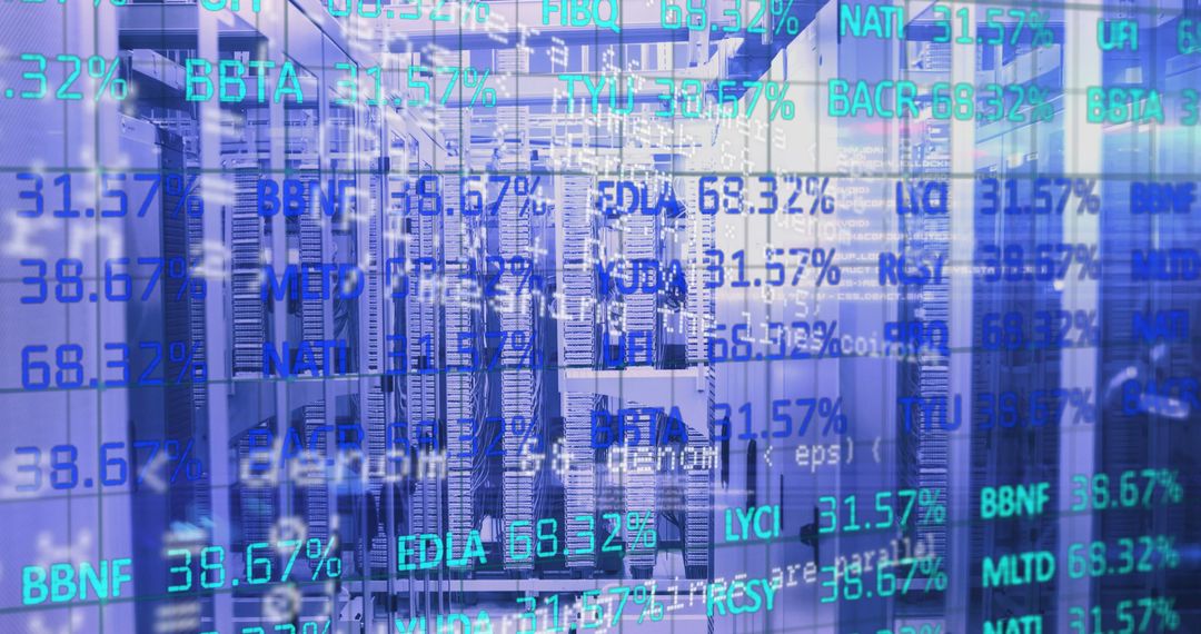 Digital Financial Data Overlaid on Server Room Technology
