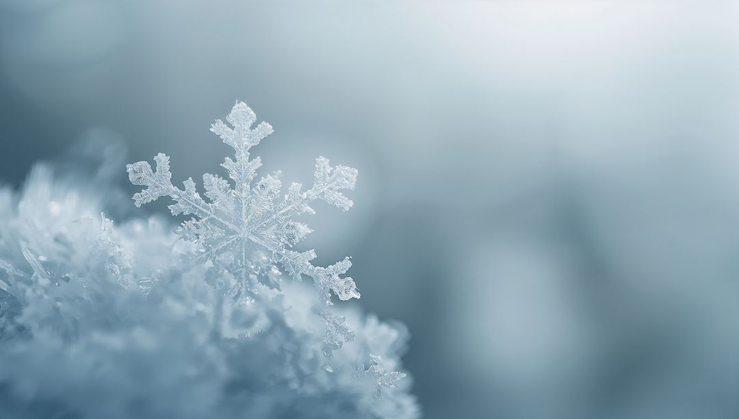 Macro snowflake resting on frosty snow crystals with soft blue bokeh winter background