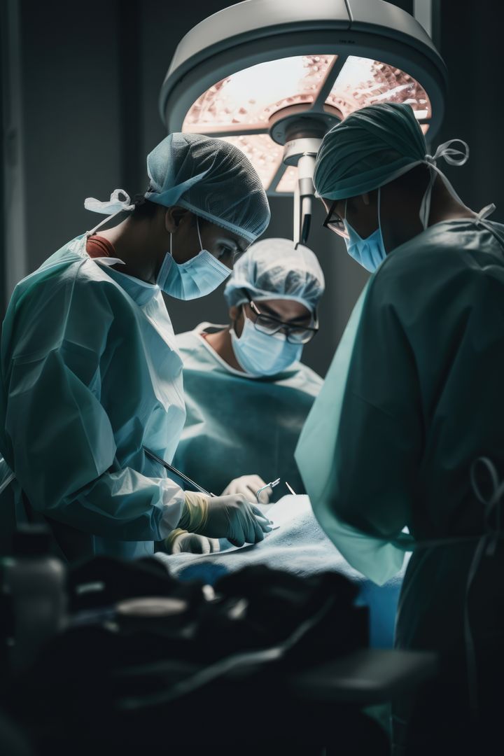 Busy diverse surgeons with face masks at surgery, created using generative ai technology - Free Images, Stock Photos and Pictures on Pikwizard.com
