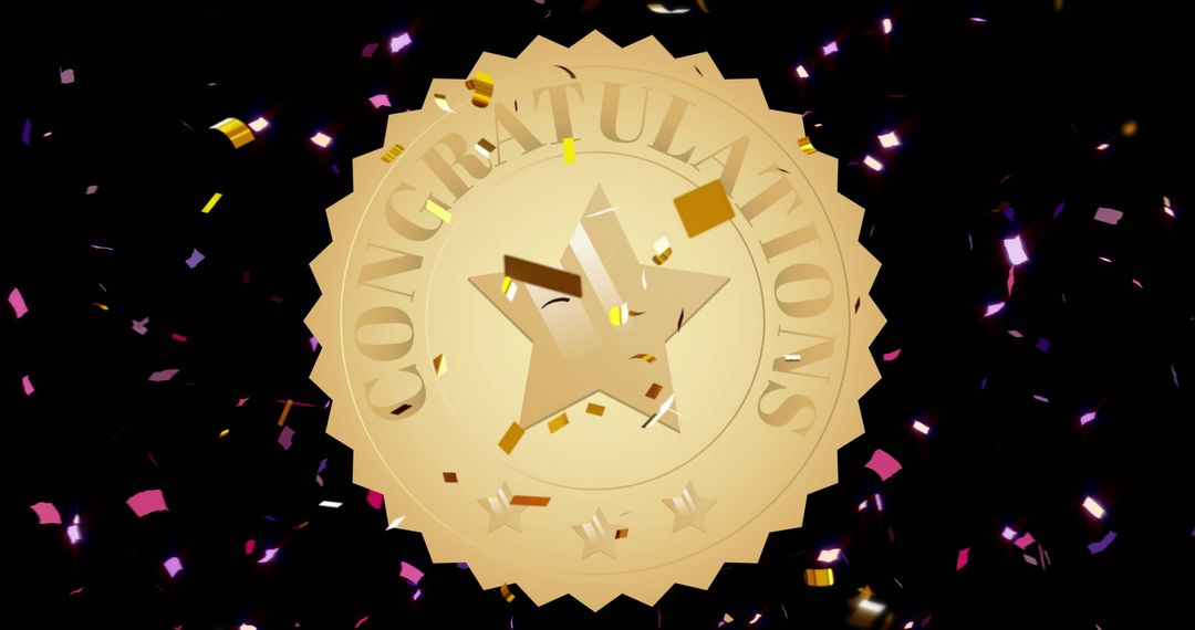 Golden Congratulations Medal with Falling Confetti Background