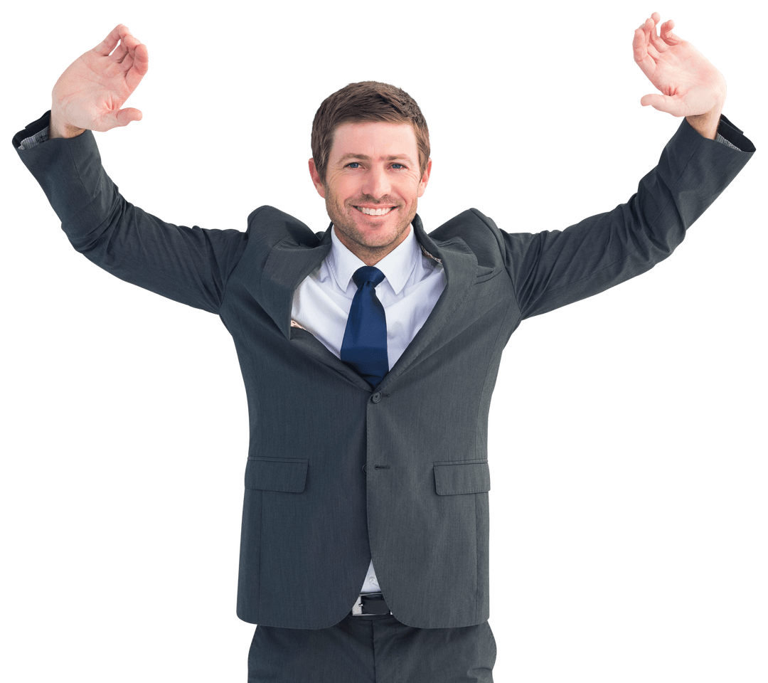Confident Businessman with Hands Up Celebrating Transparent Background