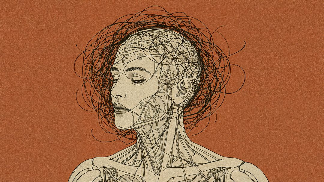 Stylized negative energy anatomical figure with interwoven lines on rust background