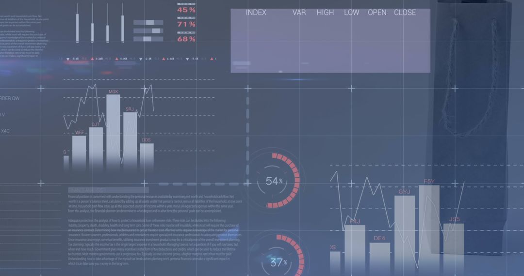 Financial Analytics Display with Digital Graphs and Charts