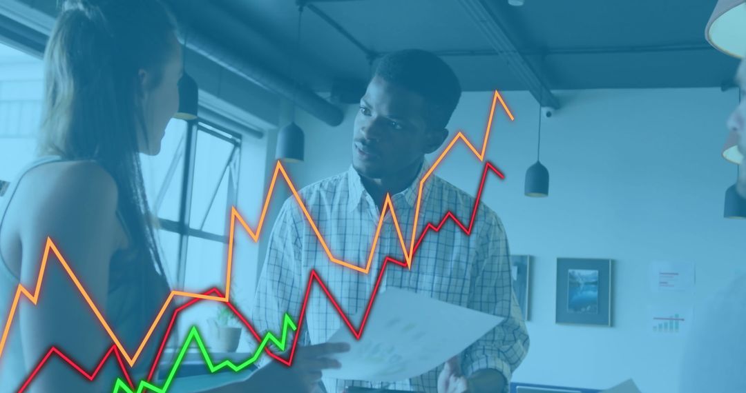 Team Discussing Financial Data with Digital Analytics Overlay