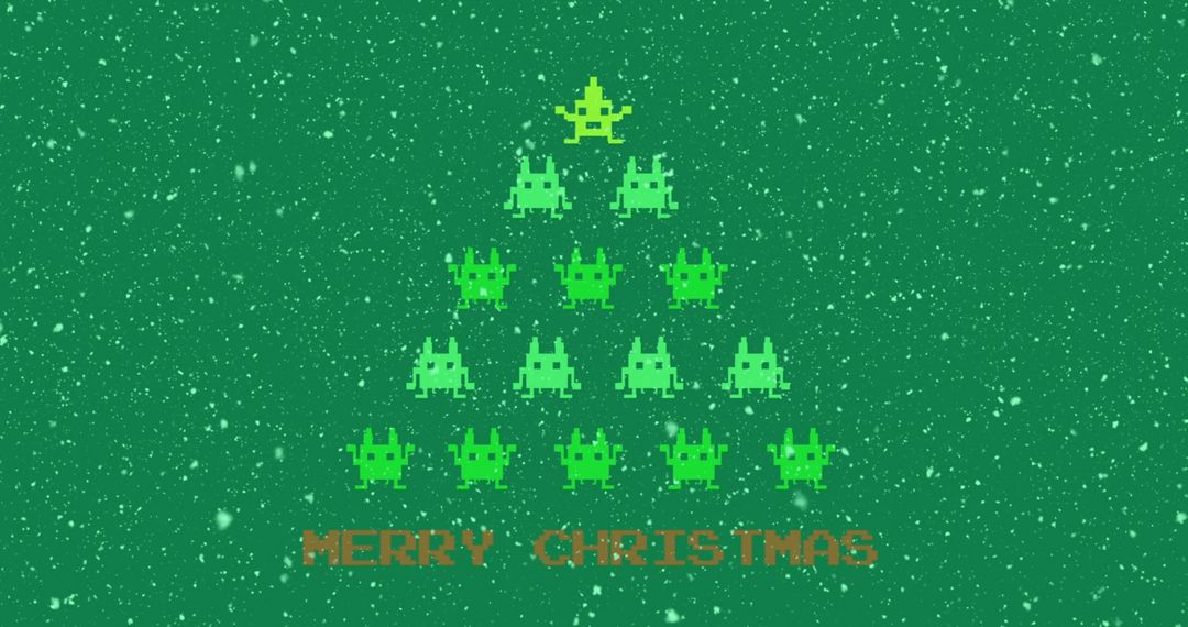 Pixel Art Christmas Tree with Space Invaders and Snowfall