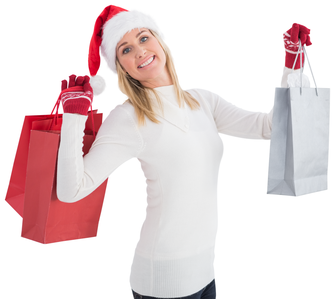 Excited Woman Holding Christmas Shopping Bags Wearing Santa Hat Transparent - Download Free Stock Images Pikwizard.com