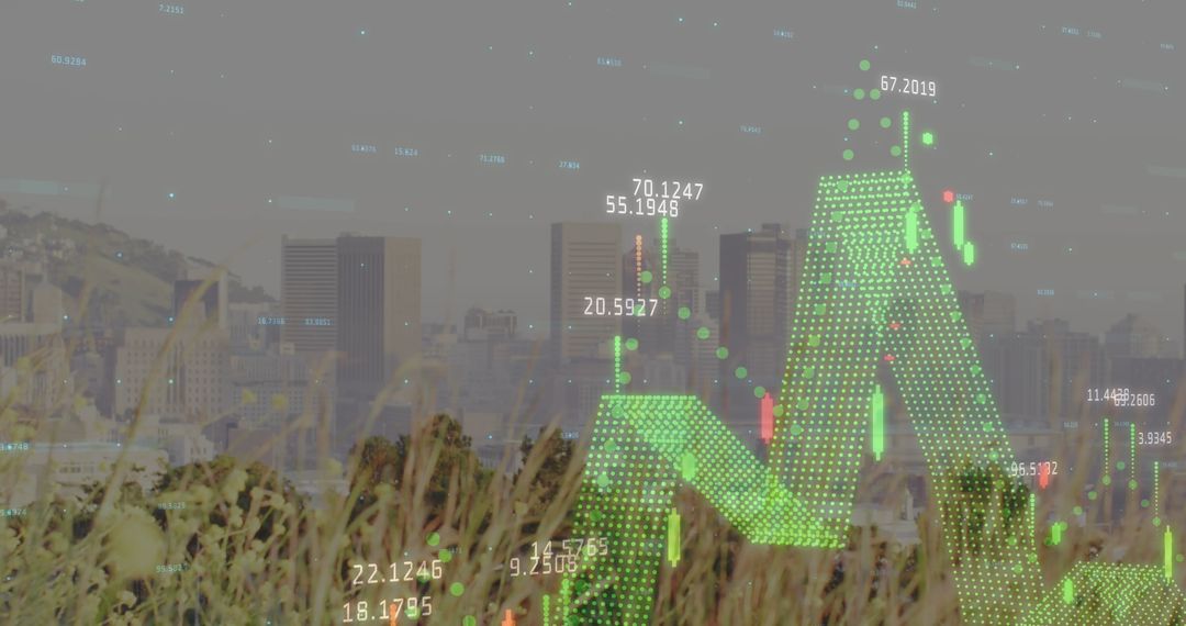 Financial Trade Graph Bar Chart on Cityscape Skyline View