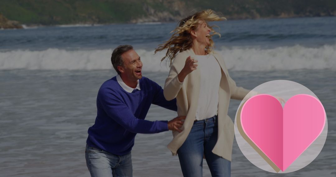 Happy Couple Enjoying Walk on Beach with Love Icon Overlay