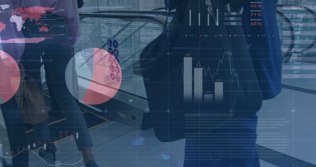 Businesspeople on Escalator with Financial Data Visualization
