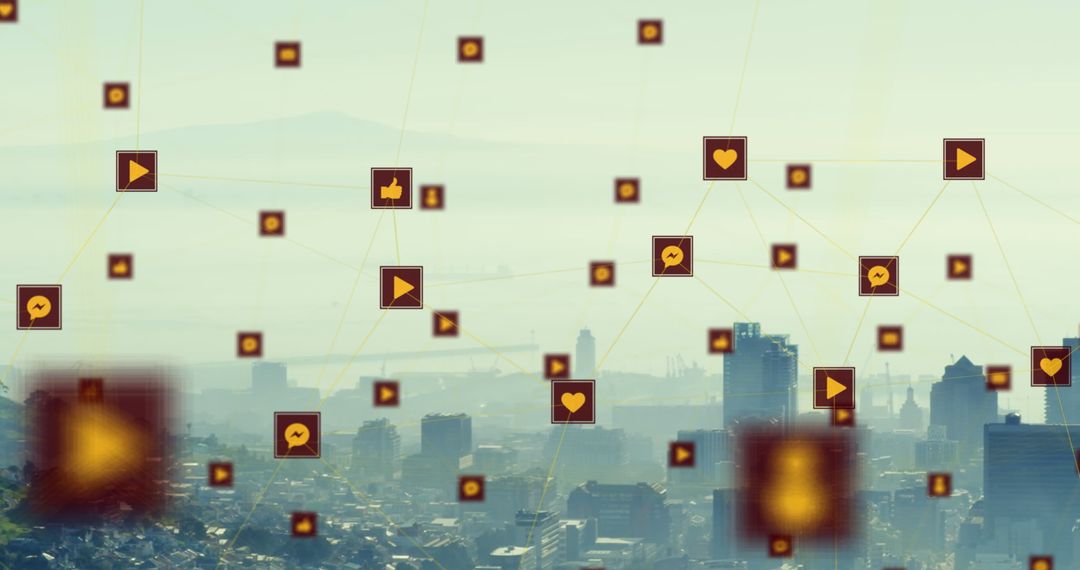 Digital Networking Icons Floating Above Modern Cityscape