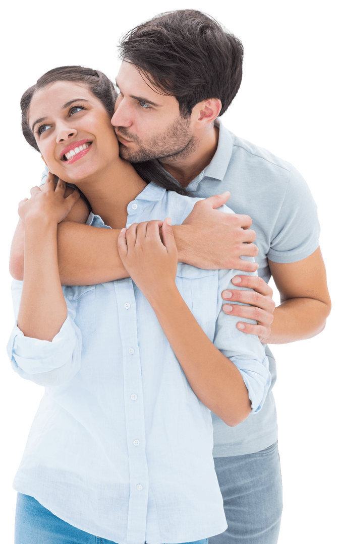 Transparent Embrace: Couple Hugging with Joyful Expressions