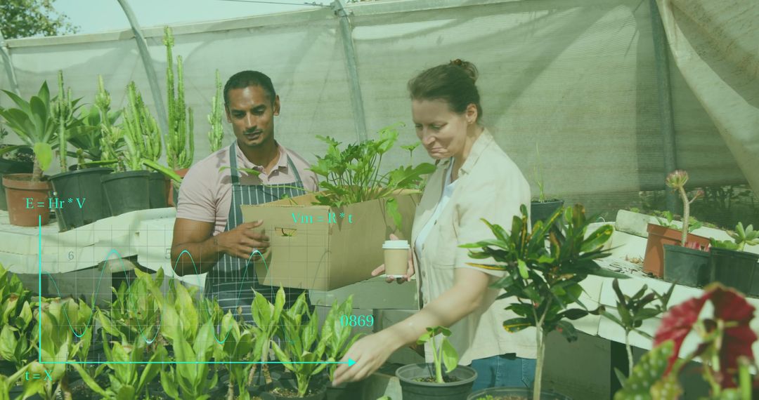 Greenhouse workers examining potted plants with analytics overlay for sustainable nursery