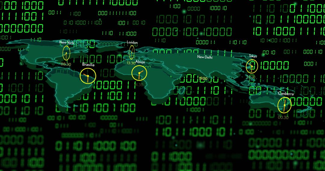 World Map with Timezones Over Binary Code