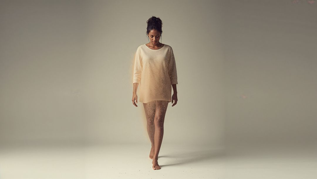 Barefoot woman walking in oversized beige sweater on minimal studio backdrop