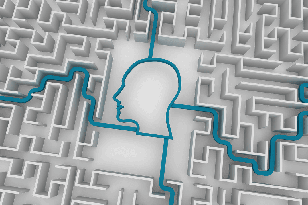 Transparent Human Silhouette with Maze Background Inside Mind