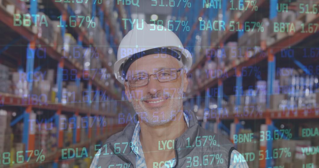 Warehouse Worker Analyzing Stock Data with Digital Overlay