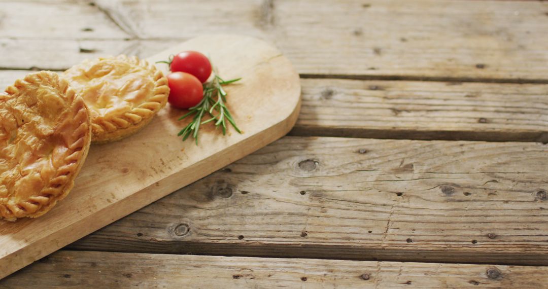 Rustic Meat Pies on Wooden Serving Board with Cherry Tomatoes