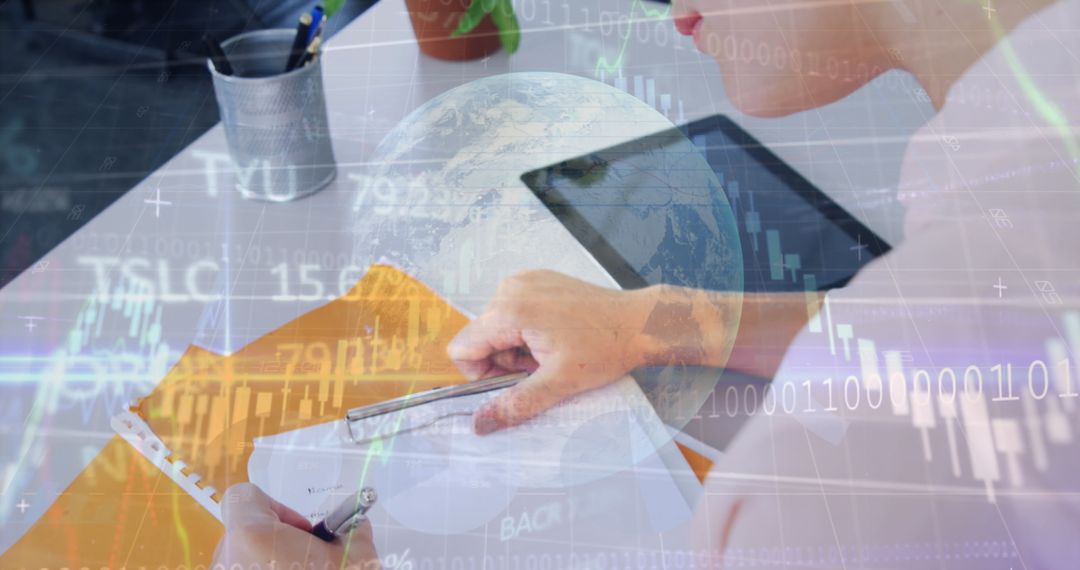 Technological Learning: Girl Writing and Digital Overlay