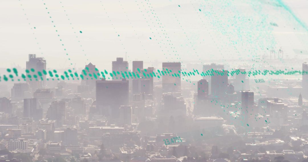 Digital Interface with Cityscape Background Depicting Data Flow