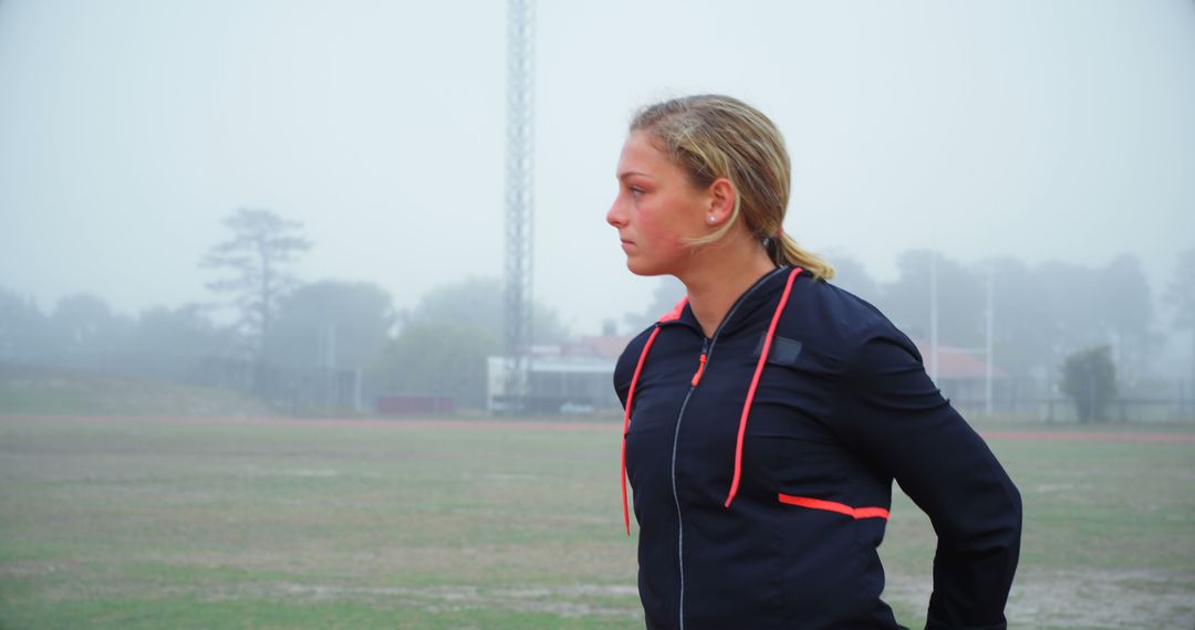 Determined Athletic Woman Preparing for Morning Run in Foggy Weather - Free Images, Stock Photos and Pictures on Pikwizard.com