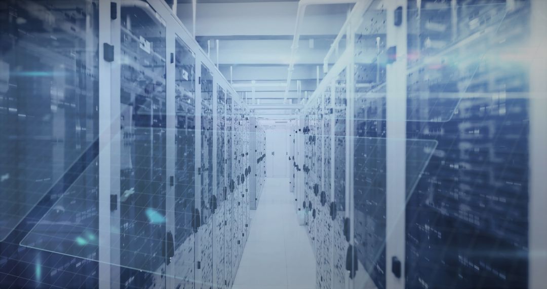 Futuristic Data Server Room with Algorithms Overlay