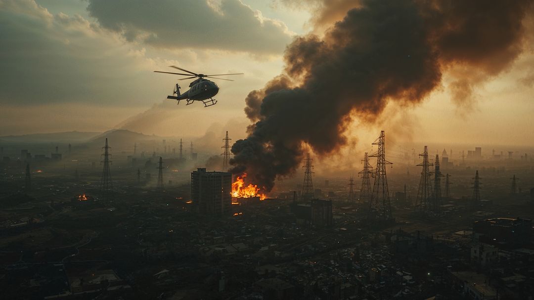 Breaking news: helicopter surveying urban fire as smoke billows near power tones