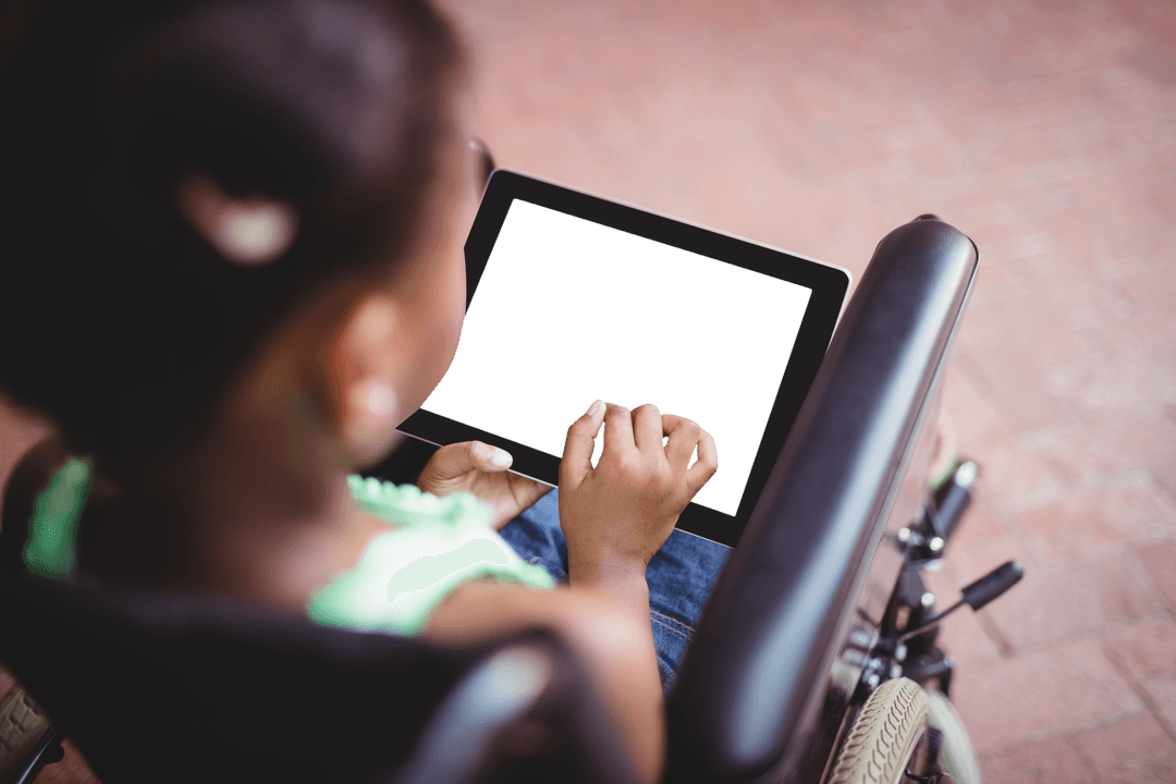 Transparent Tablet Use by Girl in Wheelchair Crowdsourcing Accessibility