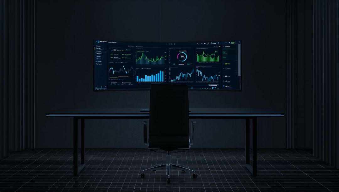 Sleek Control Room with Curved Monitor Displaying Data Analytics