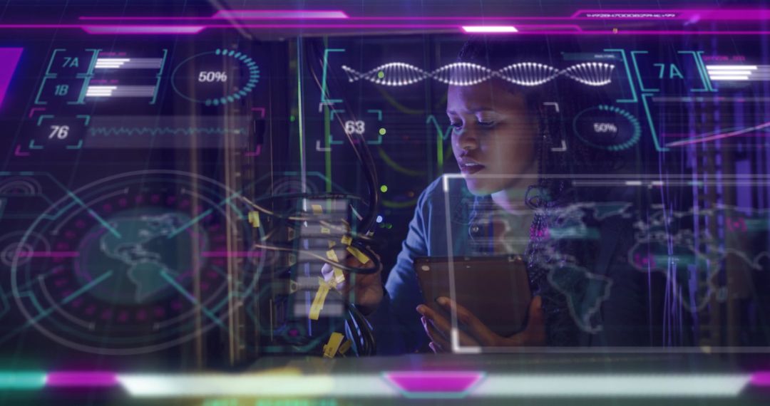 Futuristic Technology Expert Analyzing Data in Server Room