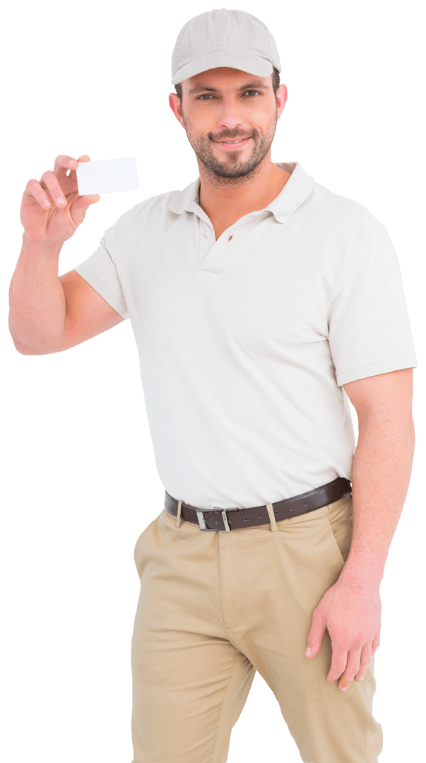 Smiling Handyman Holding Blank Visiting Card Transparent Background