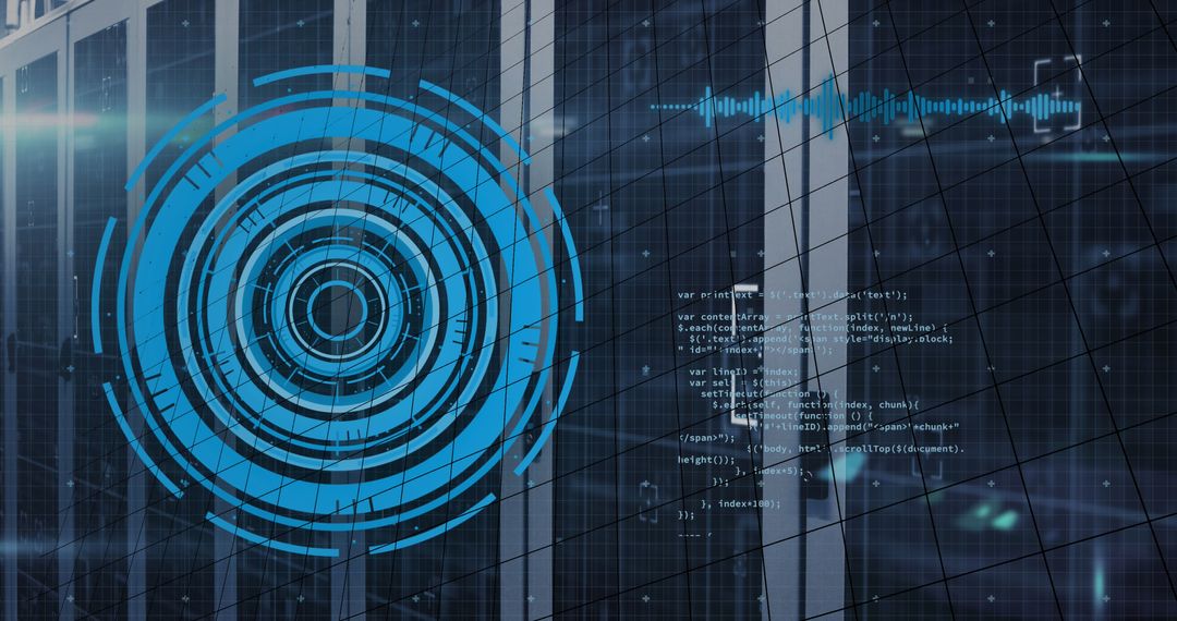 Digital Interface Concept Over Server Room with Data Processing