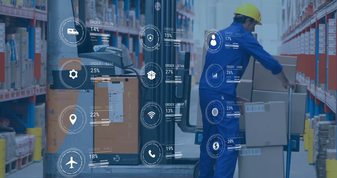 Warehouse Worker Managing Boxes with Logistics Data Interface