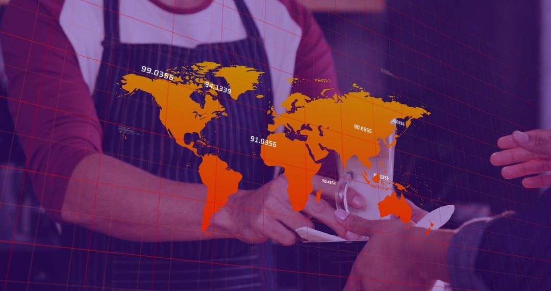 World Map Overlay with Caucasian Waiter Serving Coffee