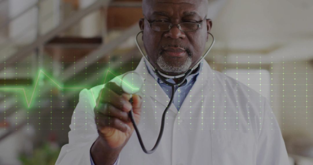 Senior Physician Diagnosing with Futuristic ECG Visualization