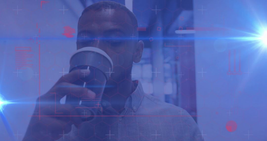 Business Professional Sipping Coffee with Futuristic Overlays