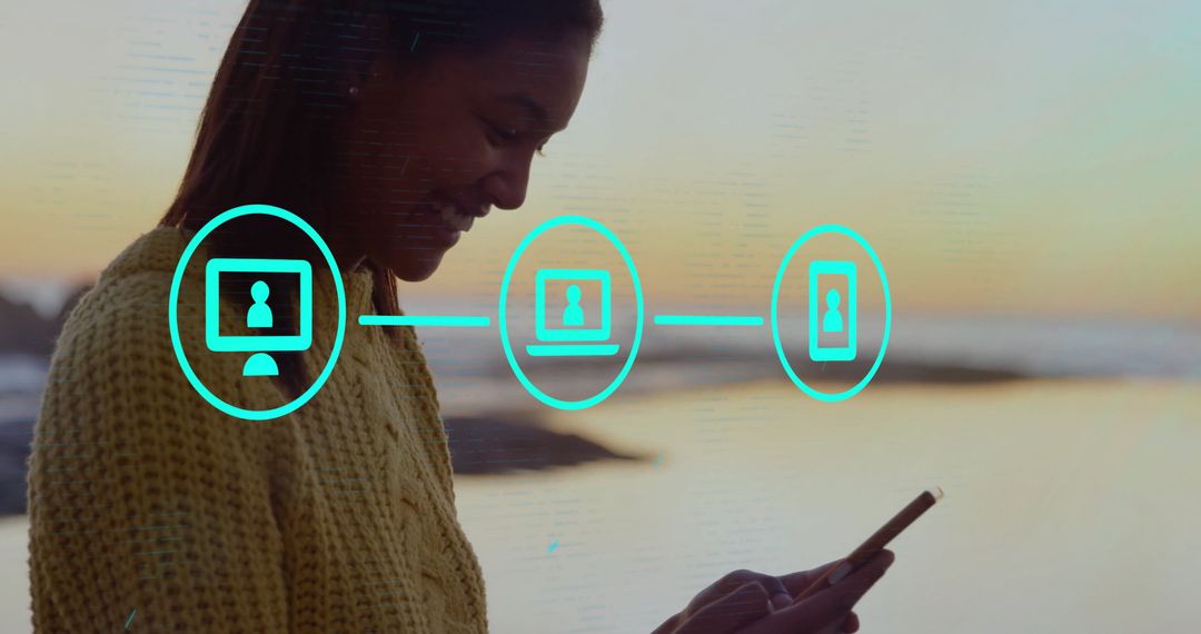 Woman on Beach Utilizing Smartphone Connection and Communication