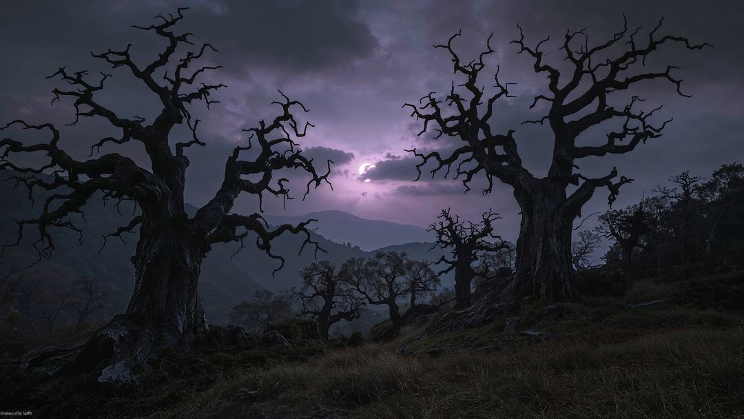 Twisted Oak Trees Under Stormy Evening Sky