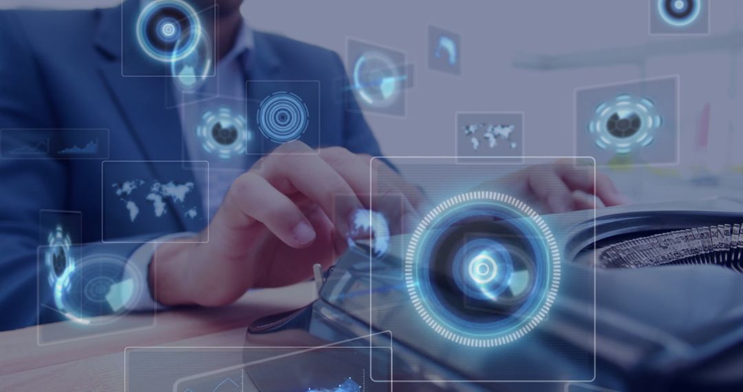 Modern Business Professional Typing on Keyboard with Futuristic HUD Interfaces