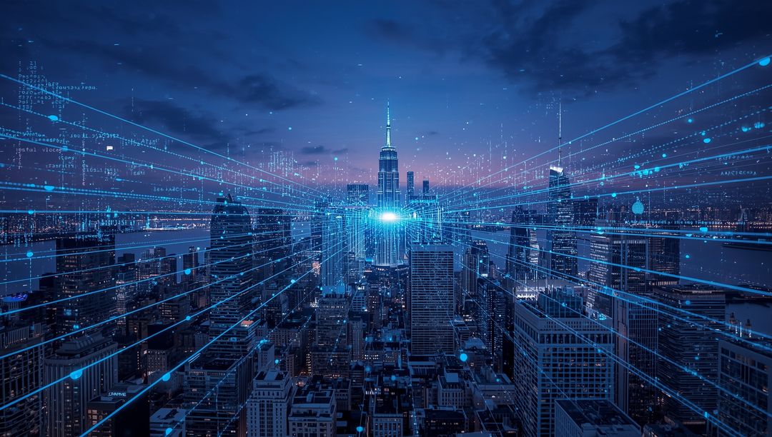 Futuristic Metropolis with Illuminated Digital Network and Tower