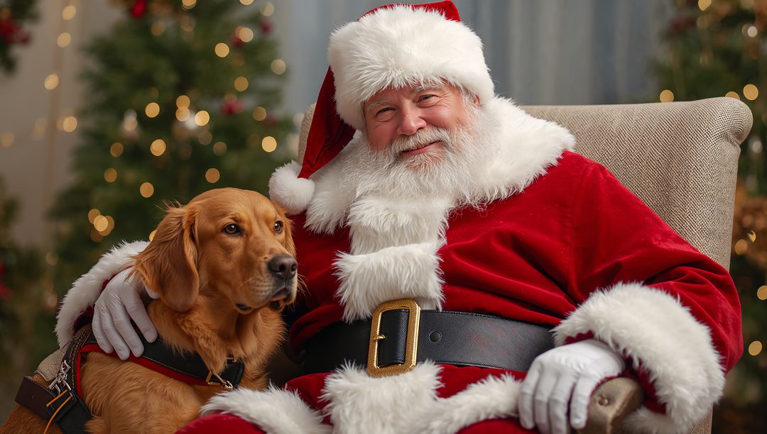 Santa Claus with Golden Retriever by Christmas Trees