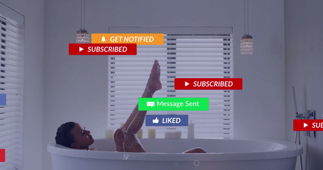 Woman Relaxing in Bathtub with Digital Notification Graphics