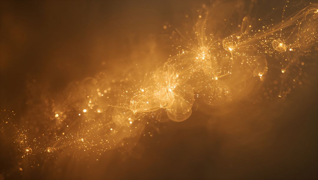 Golden Particle Streamer Glowing Abstract Nebula with Radiant Bokeh and Filamented Orbs