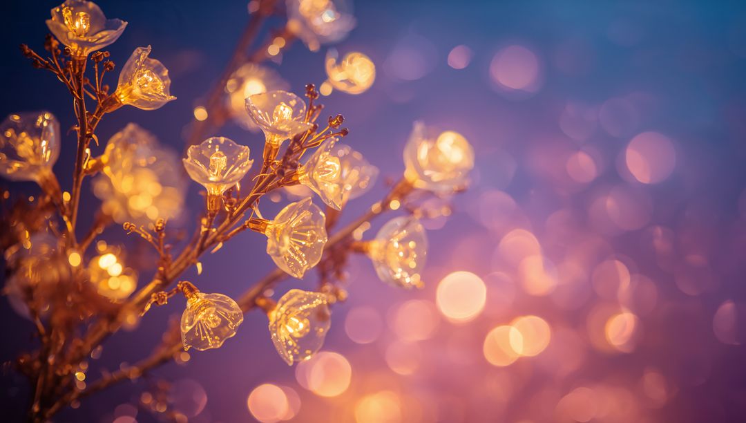 Glowing glass blossom LED branch creating warm bokeh glow and cozy ambient decor lighting