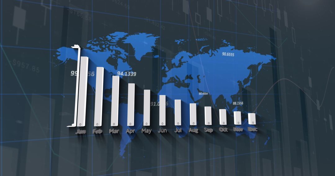 3D Bar Graph Over World Map in Digital Space Highlighting Global Trends
