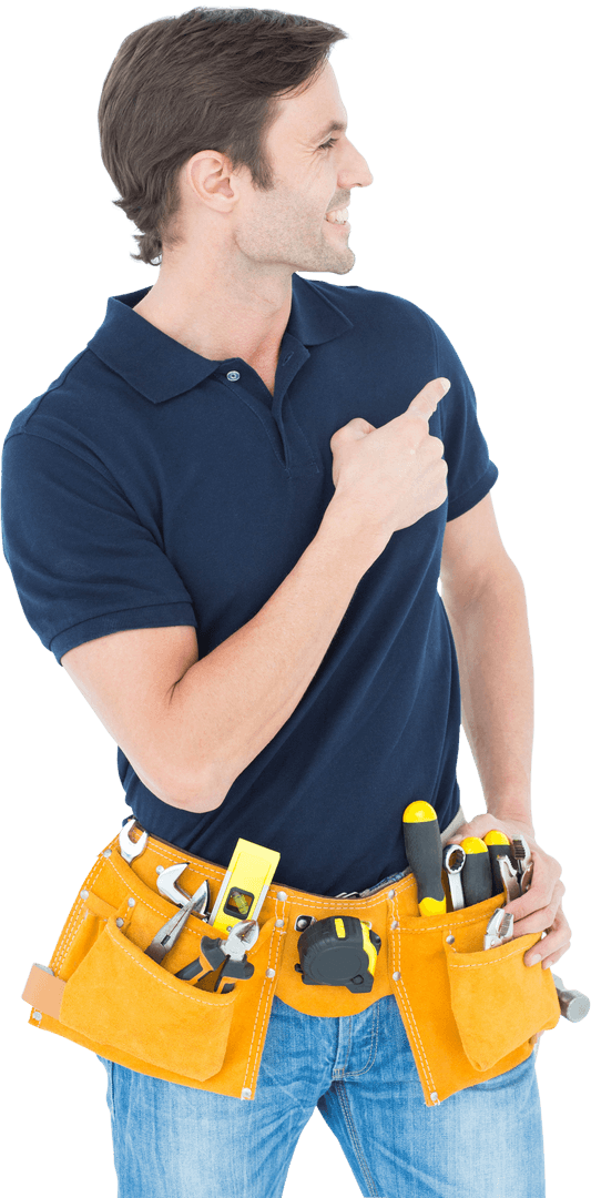 Happy Repairman Wearing Transparent Tool Belt Pointing