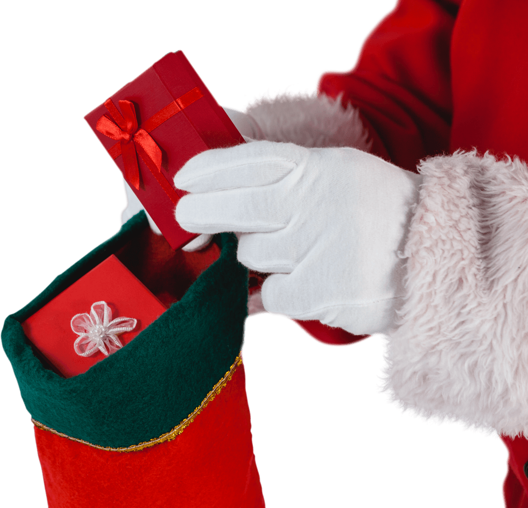 Santa Claus Filling Transparent Christmas Stockings with Gifts