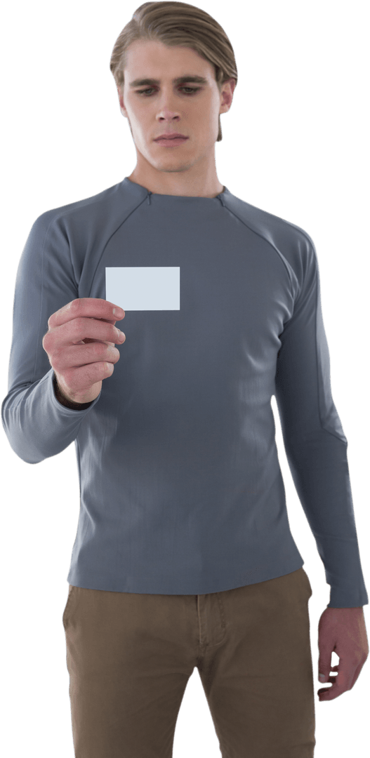 Transparent Man Reading Blank Business Card with Serious Expression