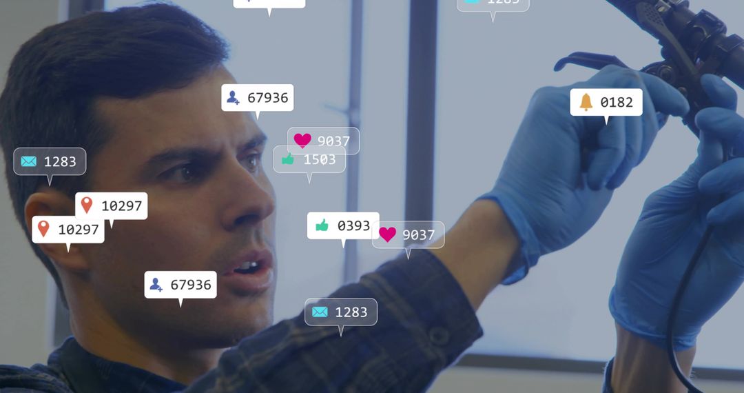 Engineer Testing Device with Social Engagement Icons in Modern Office